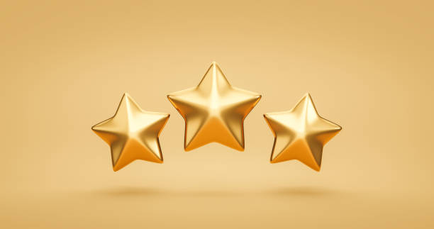 drei gold bewertung stern symbol der kundenzufriedenheit bewertung service beste qualität ranking symbol oder feedback erfolgszeichen auszeichnung und produktbewertungsrate auf goldenem 3d-hintergrund mit ausgezeichneter stimme. - stars stock-fotos und bilder