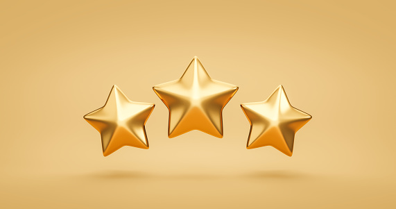 Tres estrellas de calificación de oro símbolo de satisfacción del cliente servicio de mejor calidad icono de clasificación o retroalimentación signo de éxito premio y tasa de evaluación de producto en fondo dorado 3D con excelente voto. photo