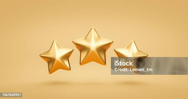 Three Gold Rating Star Symbol Of Customer Satisfaction Review Service Best Quality Ranking Icon Or Feedback Success Sign Award And Product Evaluation Rate On Golden 3d Background With Excellent Vote Stock Photo - Download Image Now