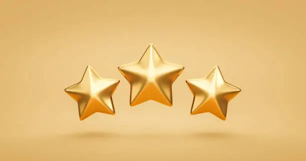 Three Gold rating star symbol of customer satisfaction review service best quality ranking icon or feedback success sign award and product evaluation rate on golden 3d background with excellent vote.