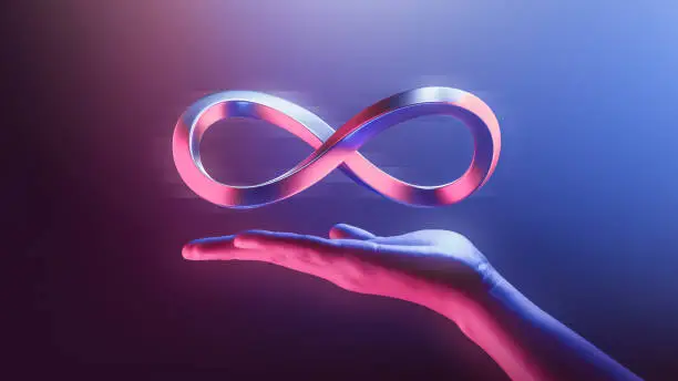 Hand holding endless infinity sign of virtual reality metaverse digital innovation game or internet future online simulation media cyber and world communication on connection technology 3d background.