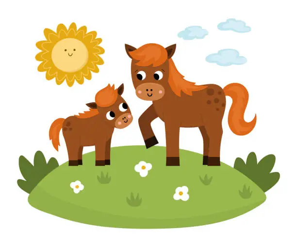 Vector illustration of Vector horse with baby on a lawn under the sun. Cute cartoon family scene illustration for kids. Farm animals on natural background. Colorful flat mother and baby picture for children