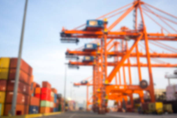 Gantry cranes at a large container port.