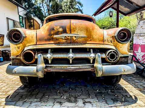 photographed the front of an old awesome rusty car in Namibia