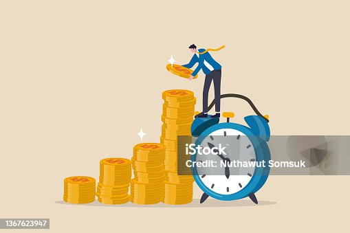 istock Long term investing or savings for retirement fund, compound interest or investment growth, tax time reminder concept, businessman on alarm clock put more dollar coin money to increase his savings. 1367623947