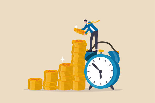 Long term investing or savings for retirement fund, compound interest or investment growth, tax time reminder concept, businessman on alarm clock put more dollar coin money to increase his savings. Long term investing or savings for retirement fund, compound interest or investment growth, tax time reminder concept, businessman on alarm clock put more dollar coin money to increase his savings. retirement planning advisor stock illustrations