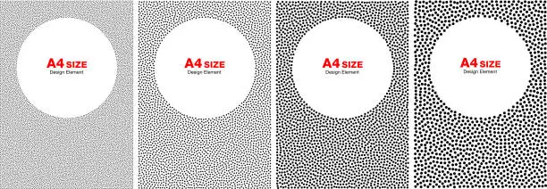 Vector illustration of Set of abstract halftone dots frames. Circle backgrounds. A4 size, a4 format. Vector illustration