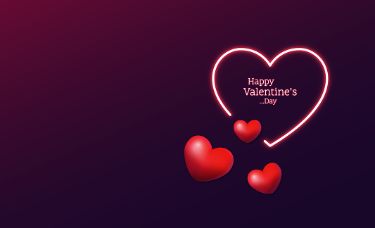 happy valentine's day neon background. color design with glowing neon letters and hearts. 3d illustration with light banner. mock-up scene with empty space. 3d rending