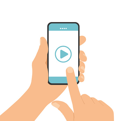 Flat design illustration of a man's hand holding a touch screen mobile phone. On smartphone watching video with play button - vector
