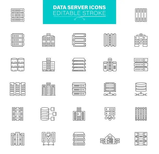 Vector illustration of Data Server Icons Editable Stroke. Contains such icons as Recovery Data, Cloud Computing, Database