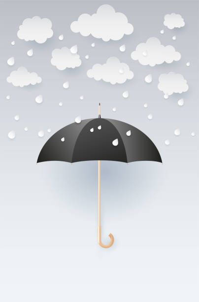 открытый черный зонт и абстрактные облака с каплями дождя - cold rain parasol gray stock illustrations