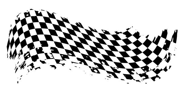 гранж размахивающий автомобильным гоночным флагом с царапинами, клетчатый рисунок старта и финиша автопробега - motor racing track motorcycle sports race competition stock illustrations
