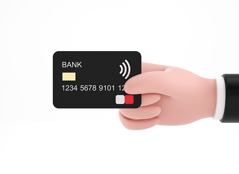 Hand holding credit card with online service on white background, 3d render.