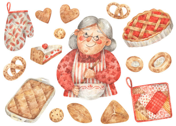 starsza pani kucharze - grandmother pie cooking baking stock illustrations