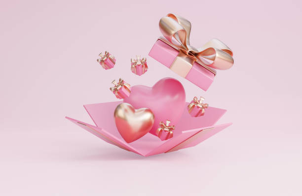 istock Happy valentine's day banner with open gift box, 3d hearts and romantic valentine decorations on pink background.,3d model and illustration. 1367632194
