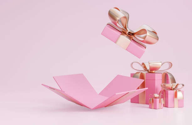 istock Happy valentine's day banner with open pink gift box and romantic valentine decorations on pink background.,3d model and illustration. 1367632200