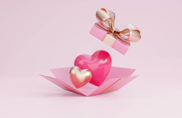 istock Happy valentine's day banner with open gift box, 3d hearts and romantic valentine decorations on pink background.,3d model and illustration. 1367632201