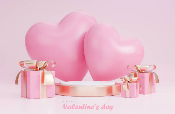 istock Happy valentine's day with 3d empty podium and romantic valentine decorations on pink background.,3d model and illustration. 1367632361