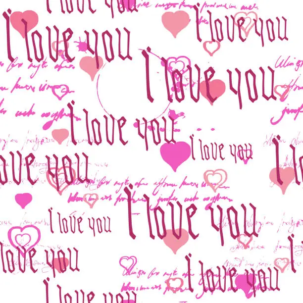 Vector illustration of Seamless pattern Gothic Text I love you, hand written words.Sketch, doodle, lettering, hearts, happy valentines day. Vector illustration pink background