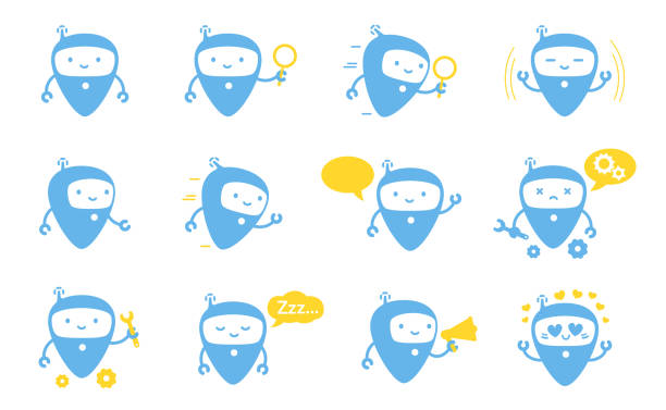 Little blue flying robot character pack. Cute Robot mascot. Flat vector illustrations. Robot mascot character set. All tasks. Cartoon flat vector. Collection illustrations. Cute Robot emoji. Support service-center. Chat bot. robot stock illustrations