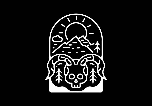illustrations, cliparts, dessins animés et icônes de crâne noir blanc avec des cornes incurvées illustration - animal skull cow animal black background