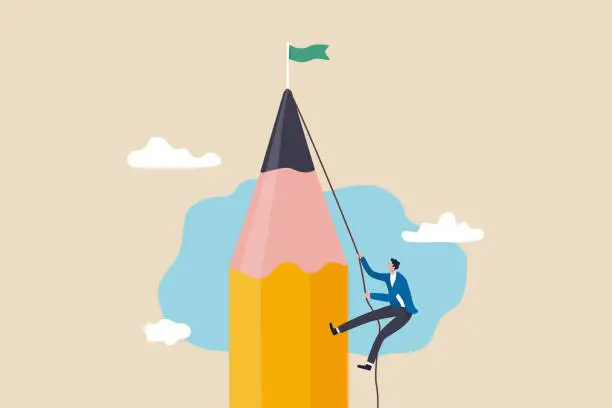 Vector illustration of Creative challenge to reach goal and win business, idea, motivation and inspiration to achieve target concept, young creative man climbing pencil mountain to reach winning flag at the peak.