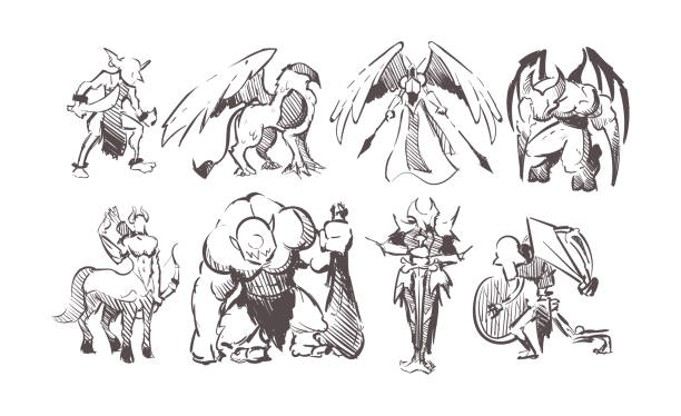 Characters of online fantasy games: goblin,griffin,angel,archangel,demon,skeleton,cyclops,centaur,death knight Characters of online fantasy games goblin stock illustrations