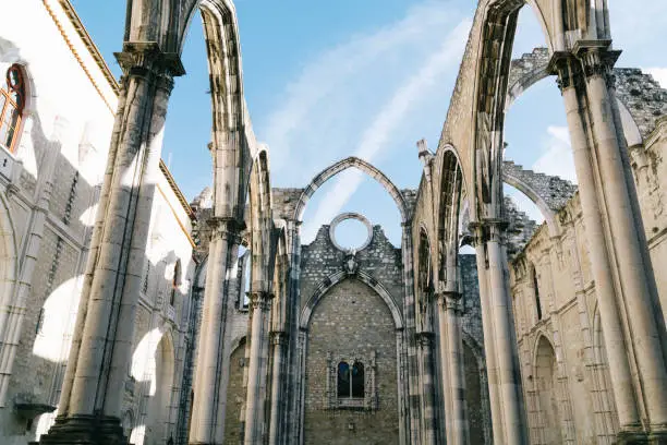 inside the historical monument convent do carmo with gothic architecture on a sunny day