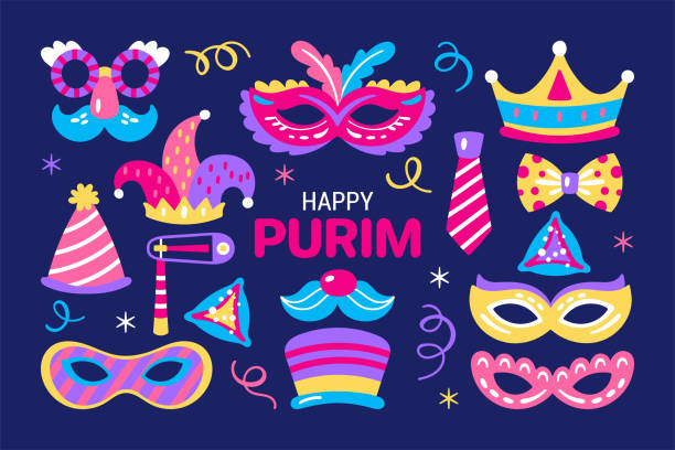 Purim holiday cute carnival costume masks and elements set. Childish print for greeting cards, posters, invitations and stickers. vector art illustration