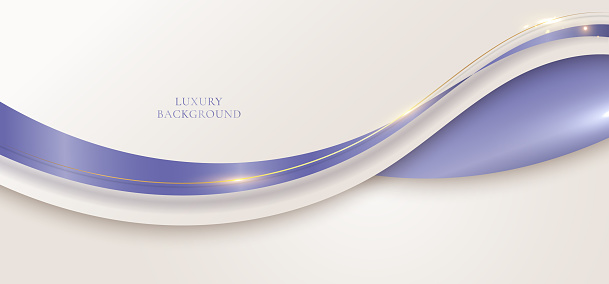 3D modern luxury template design light brown curved shapes purple ribbon and golden glitter line light sparking on clean background. Vector graphic illustration