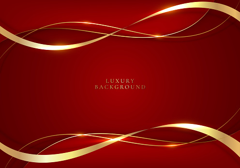 Elegant 3D abstract golden ribbon and wave lines on red background