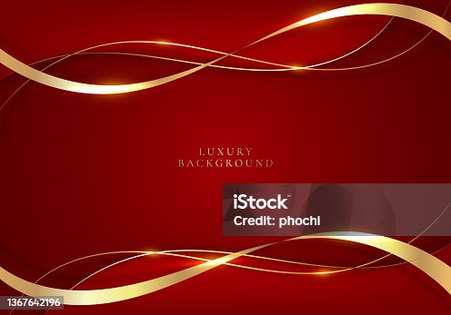 istock Elegant 3D abstract golden ribbon and wave lines on red background 1367642196