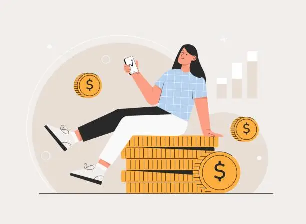 Vector illustration of Business woman character sitting of golden coins check profit and hold phone with analytical service. Online investment with mobile phone concept. Investment, stock trading app isolated metaphor.