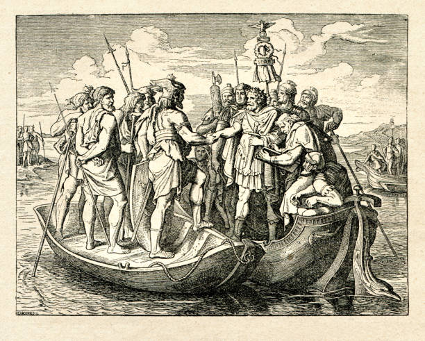 istock Roman emperor Valens with Visigothic chieftain Fritigern 373 AC on danube river 1367642890