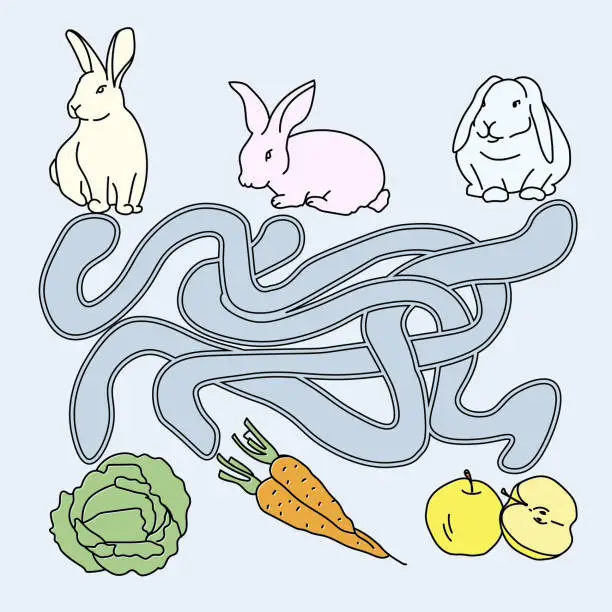 Vector illustration of Feed the rabbit game for kids, three rabbits and three ways to treat them, educational tasks for kids