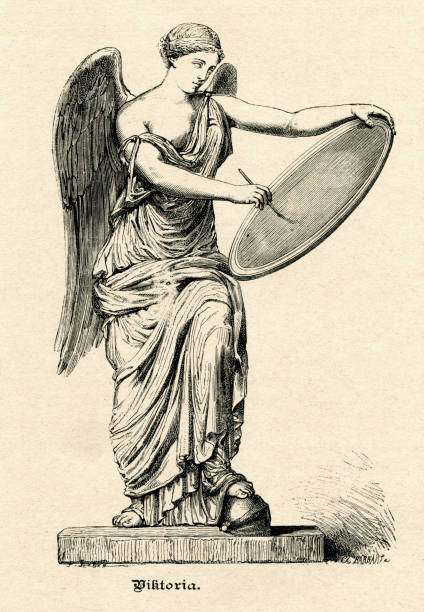 ilustrações de stock, clip art, desenhos animados e ícones de victoria goddess of victory writing names of winners onto shield - nike