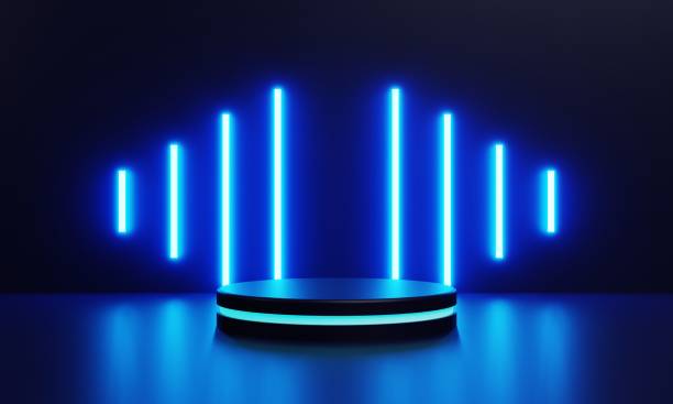 istock Modern product showcase sci-fi podium with blue glowing light neon background. Technology and object concept. 3D illustration rendering 1367650044