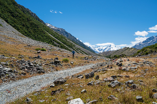 Gravel road with the view of Tasman Glacier, Mt Cook National Park, New Zealand