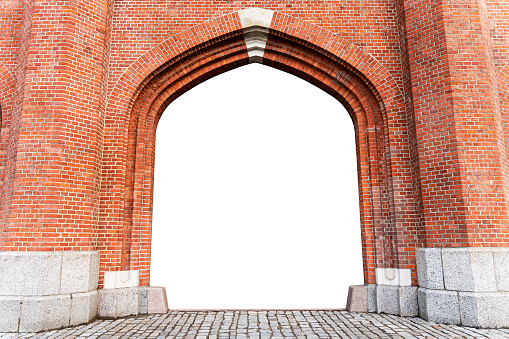 Arch in an old red brick wall with white background