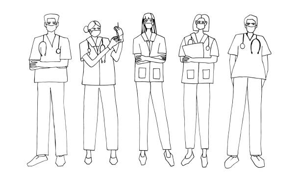 vector medical staff set Medical staff vector set. Hand drawn doodle people illustration. Nurses and doctors in uniform standing in full growth. Vector clip art for coloring pages, stickers, prints. healthcare and medicine business hospital variation stock illustrations