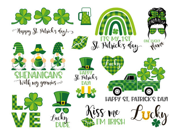 A set of decorative elements for St Patricks day. Vector Illustrations A set of decorative elements for St Patricks day . Vector Illustrations. Happy St Patricks day, One lucky mama, Chenanigans with my gnomies templates leprechaun hat stock illustrations