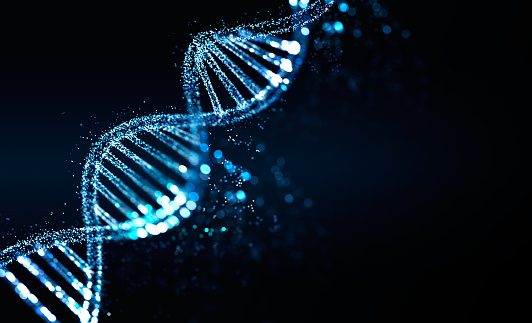 Blue DNA on black background. Dna structure and cells, bokeh lights. Concept of biotechnology and science, genetic material. 3D rendering