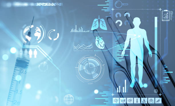 istock Digital interface with hud with human body, thermometer and syringe 1367660582