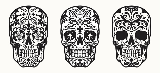 Monochrome vintage set of sugar skulls with swirl and curl painted elements, vector illustration