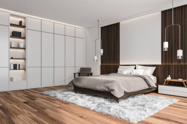 istock White and wood bedroom with minimalist cabinet. Corner view. 1367662418