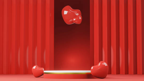 istock 3d rendering valentine red glossy heart with red podium and red background 1367662496