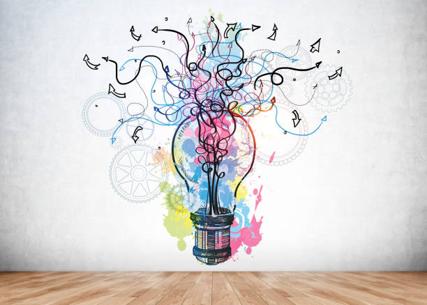 istock Colourful pink, blue and yellow sketch with large light bulb 1367662510