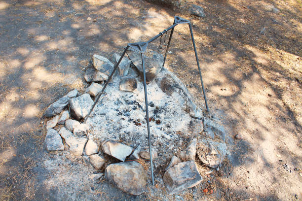 Extinct bonfire and tripod in the forest. Close-up. Top view. Background.