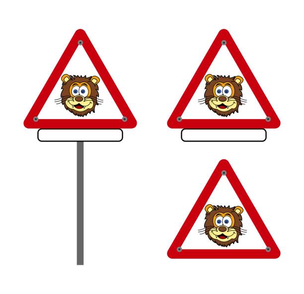 niebezpieczeństwo czerwony kolor trójkątny znak drogowy z obecnością lwa z tytułem - wektor - brunatny miś stock illustrations