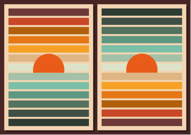 1970 sunrise_30.01.22 1970s Style Poster Set. Abstract Geometric Landscapes with Sunset,Sunrise and Waves in Orange and Blue Gtadient Colors. Retro Groovy Seventies Wall Decor. Vector Illustration. Flat Minimalist Design. 1970 retro styled imagery stock illustrations